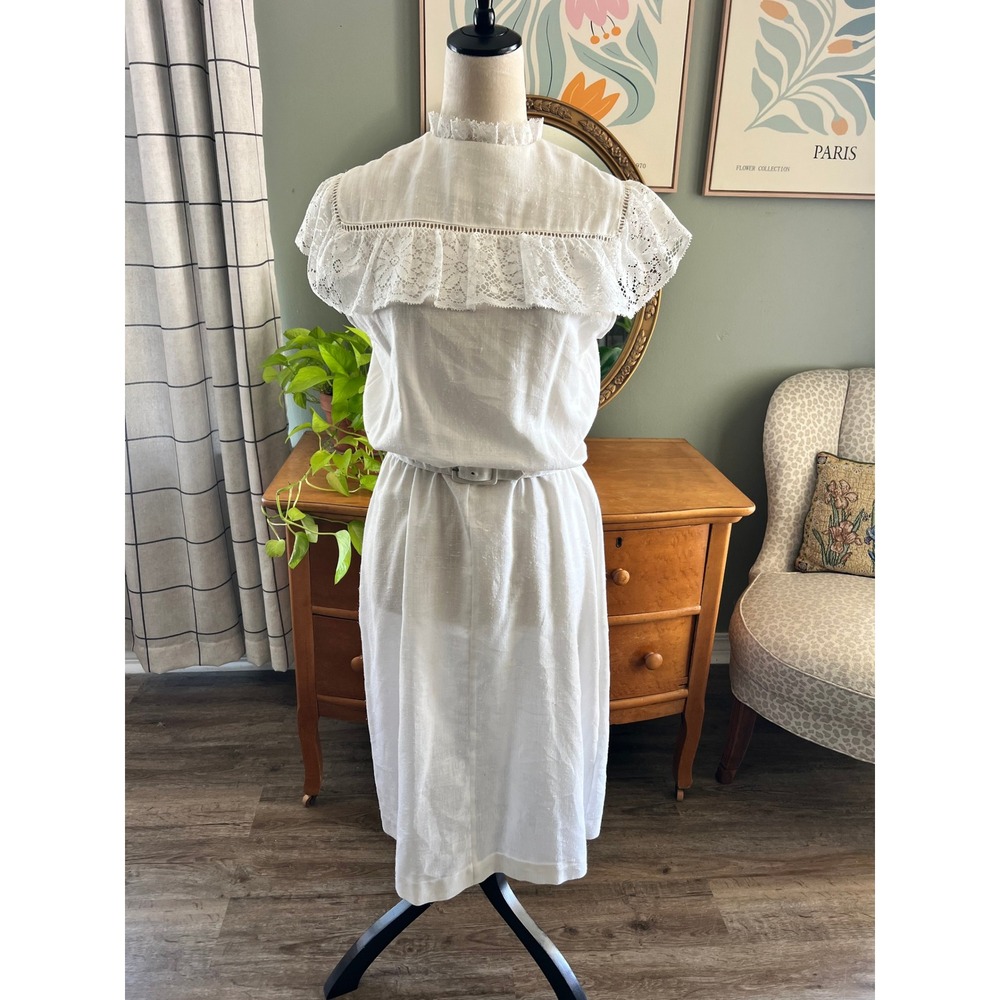 Vintage 50s 60s White Linen Lace Dress Bridal Shower Cottagecore Midi Belted